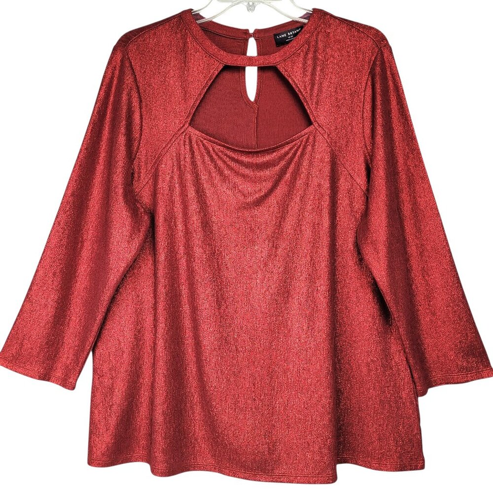 Lane Bryant Blouse Women's 18/20 Red Metallic Sparkle Shimmer Cutout Neckline